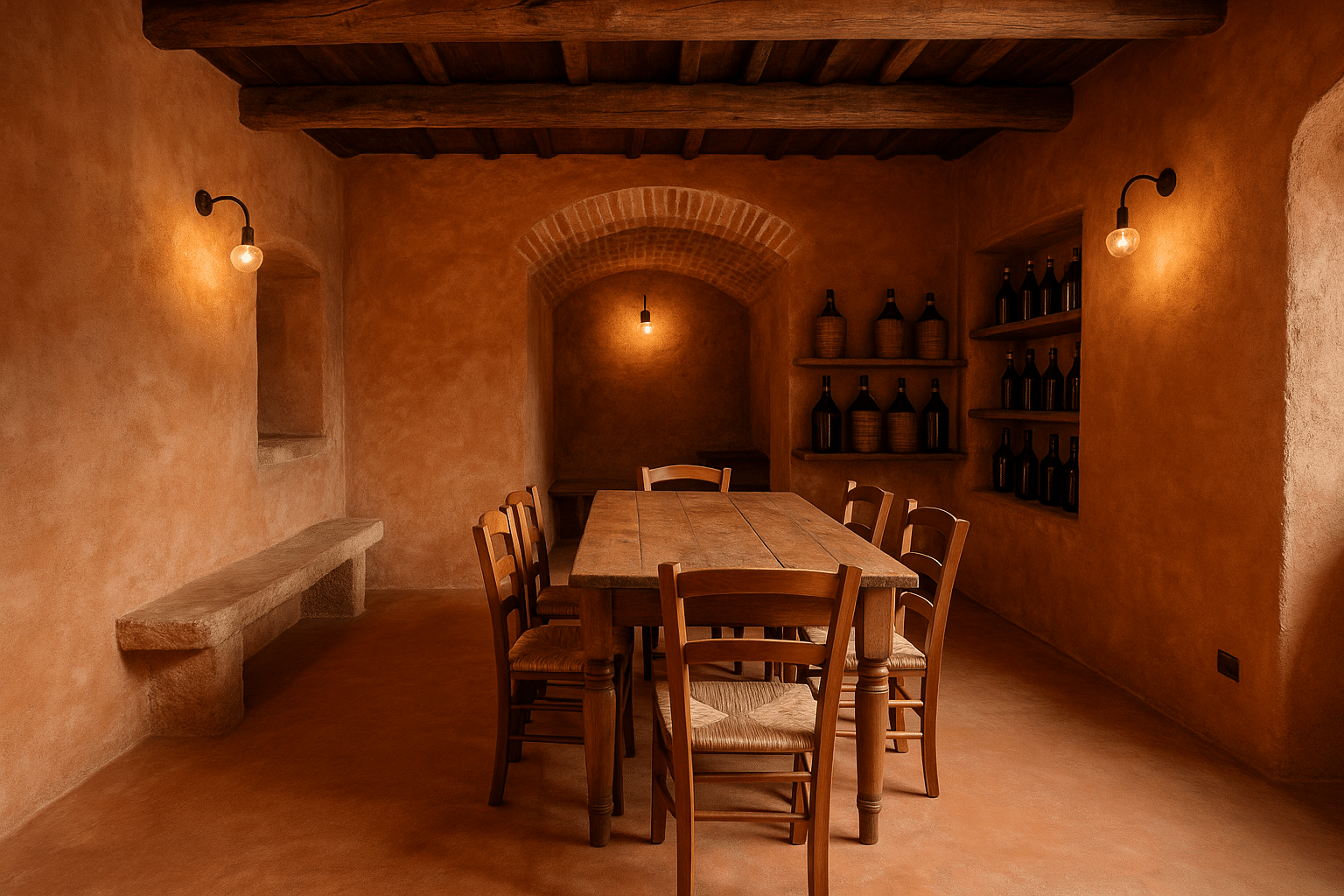 Minimalistički interijer s microcementnim podom u jednoj od originalnih Rivedil terracotta nijansi, svijetlom i elegantnom, prilagođenom mediteranskom stilu.