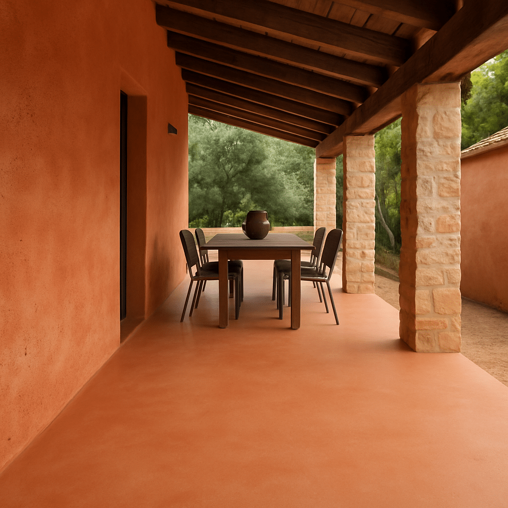 Natkrivena terasa s microcementnim terracotta podom u svijetlosmeđem tonu, pogled na mediteranski vrt s kamenim zidom u pozadini.