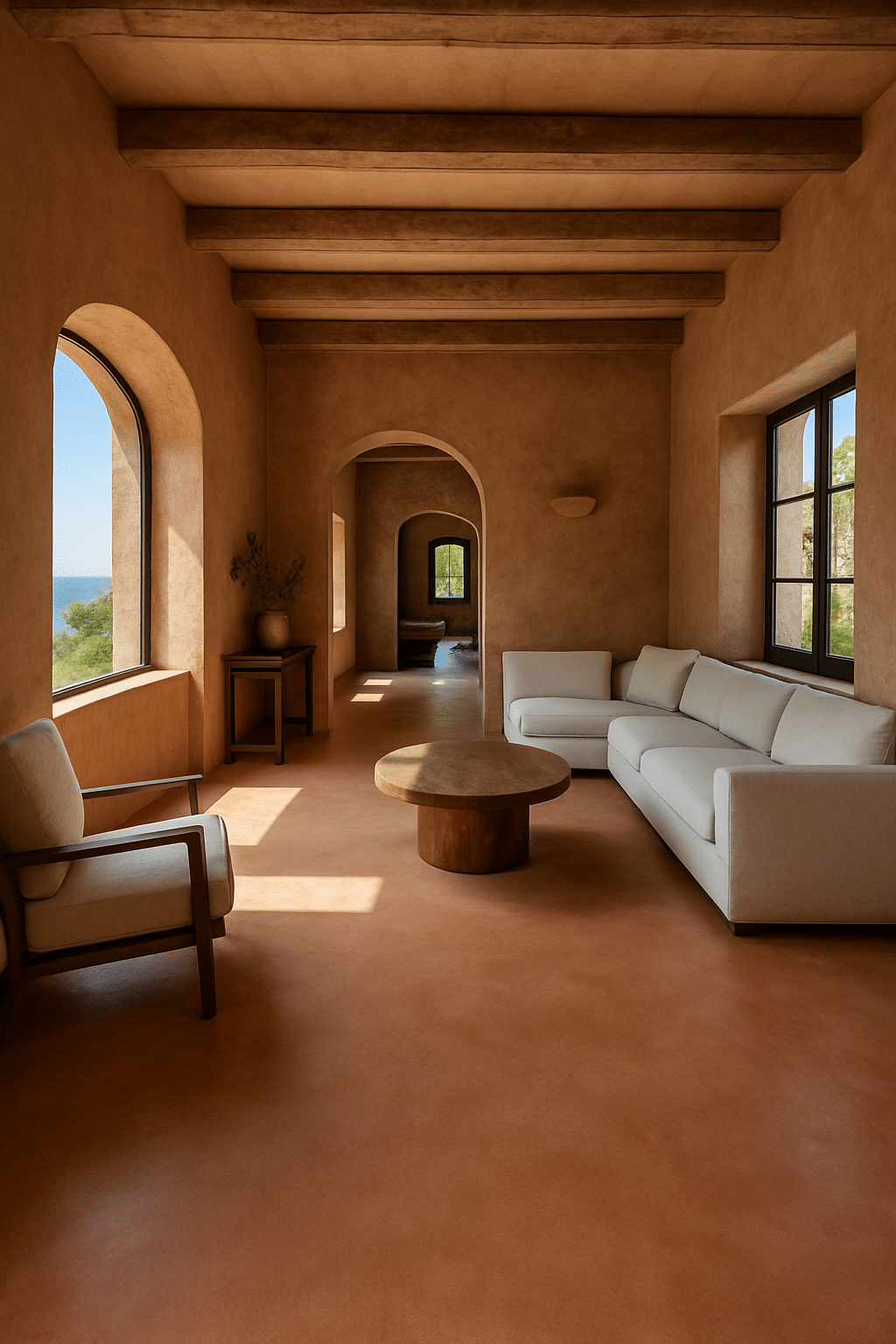 Mediteranski dnevni boravak s microcementnim terracotta podom svijetle nijanse, bijelim zidovima i drvenim detaljima u modernom uređenju.